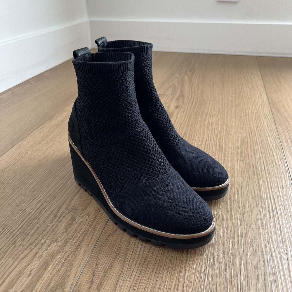 Eileen Fisher Quill Stretch Knit Wedge Booties in Black Size 6.5